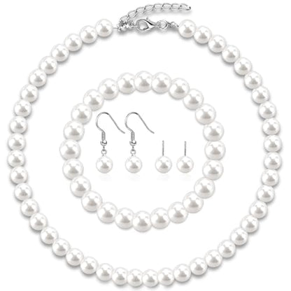 Pearl Jewelry Set for Women Faux Pearl Costume Jewelry Set with Necklace, Bracelets, Ring, Earrings for Wedding Bridal Birthday Tea Party - color: 4Pcs White