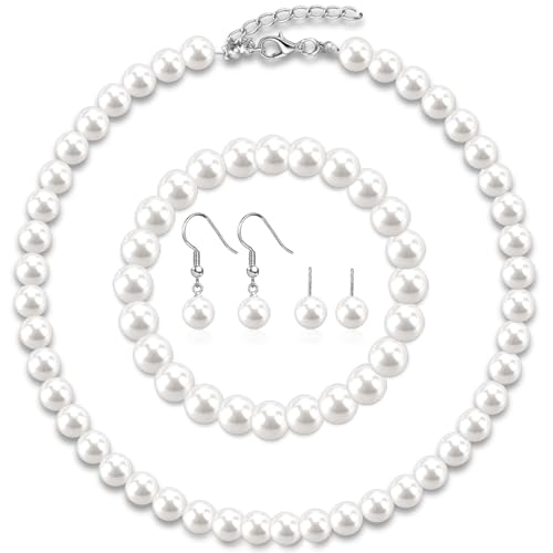 Pearl Jewelry Set for Women Faux Pearl Costume Jewelry Set with Necklace, Bracelets, Ring, Earrings for Wedding Bridal Birthday Tea Party - color: 4Pcs White