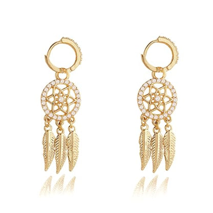 Dream Catcher Dangle Earrings for Women, Boho Feather Tassels Drop Earrings Geometric AAA Zircon Ear Jewelry