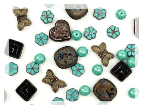 45+ pcs (2.1oz=60g) of Focal Glass Bead Mix with Table-Cut Flower and Butterfly Beads, PG Turqouise Brown Brass - color: Focal Brown Turqouise