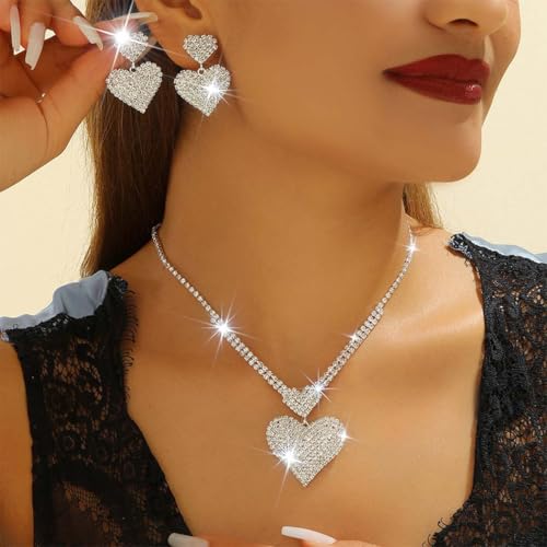 Crystal Heart Bridal Wedding Jewelry Set Silver Rhinestone Necklace Earrings Bracelet Sets Formal Costume Jewelry for Women and Brides - color: Silver Necklace Earrings