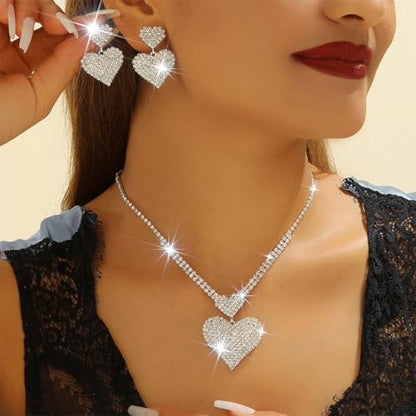 Crystal Heart Bridal Wedding Jewelry Set Silver Rhinestone Necklace Earrings Bracelet Sets Formal Costume Jewelry for Women and Brides - color: Silver Necklace Earrings