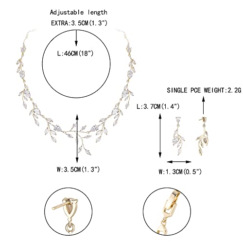 Cubic Zirconia Leaf Vine Wedding Jewelry Set for Bride Women Bridesmaid | Pear-Shaped Birthstone, Necklace Dangle Earrings for Bridesmaid, Silver-Plated-Brass - color: 2pcs_Clear Gold-Plated-Brass