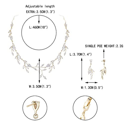 Cubic Zirconia Leaf Vine Wedding Jewelry Set for Bride Women Bridesmaid | Pear-Shaped Birthstone, Necklace Dangle Earrings for Bridesmaid, Silver-Plated-Brass - color: 2pcs_Clear Gold-Plated-Brass