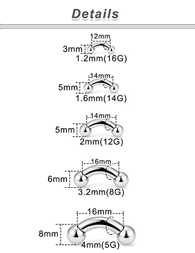 16G 14G 12G 8G 6G 4G 2G Pa Ring Cvh Piercings Stretching Kit 316l Surgical Steel Snake Eye Tongue Ring Curved Barbell Nipple Lip Belly Eyebrow Rings Piercing Jewelry for Women Men 12mm-16mm - color: 5Pcs Silver Tone