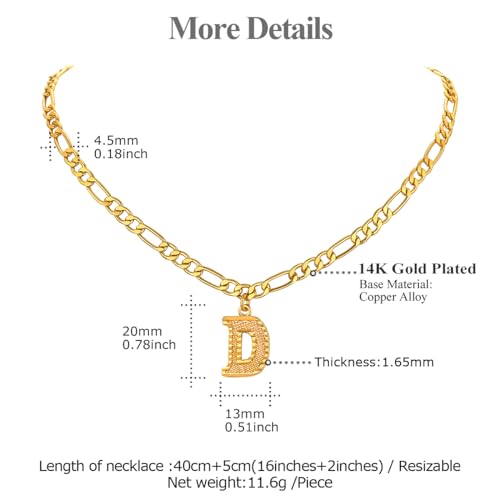 14K Gold Plated Initial Necklaces for Women Men A-Z Letter Necklaces | Figaro Chain, 16"+2" Adjustable Length, with Gift Box - style: D