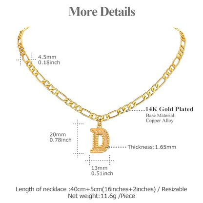 14K Gold Plated Initial Necklaces for Women Men A-Z Letter Necklaces | Figaro Chain, 16"+2" Adjustable Length, with Gift Box - style: D