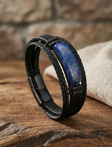 Mens Black Leather Obsidian/Turquoise/Tiger Eye/Red Agate Bracelet–Braided Multi‑Layer Wristband Cuff Bangle Bracelet with Stainless Steel Clasp Gift Jewelry Box Included - color: Lapis Lazuli, size: 9in(Fits larger wrists)