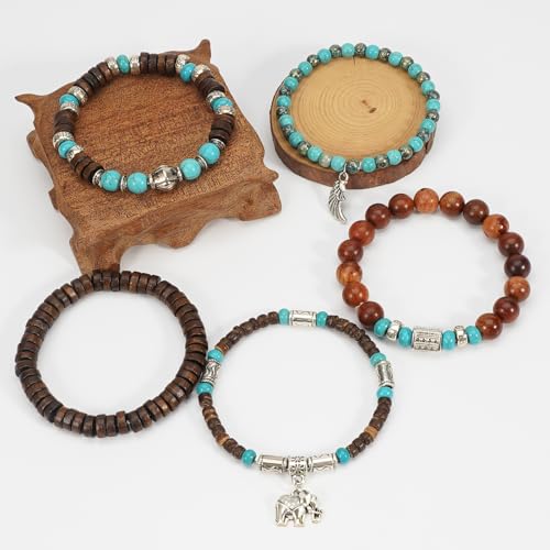 Boho Wooden Beads Bracelets Bohemian Bracelet Stack for Men Women Wood Beaded Bracelet Set - color: D