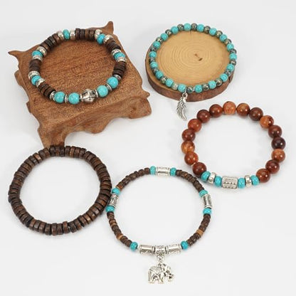Boho Wooden Beads Bracelets Bohemian Bracelet Stack for Men Women Wood Beaded Bracelet Set - color: D