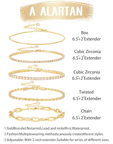 Gold Bracelets for Women 14K Gold Plated Stack Trend Bracelets Charm Paperclip Chain Cuban Link Layered Waterproof Bracelet Dainty Bracelet for Women Jewelry Gifts - color: Gold 5Pcs