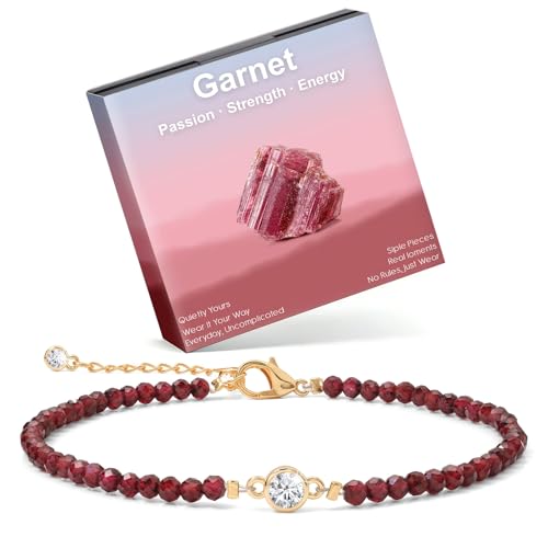 Raicegs Anklets for Women Handmade Beach Boho Ankle Bracelet 3mm Natural Stone Beaded Ankle Bracelet 14K Gold Plated Zircon Pendant Adjustable Crystal Gemstone Anklet Jewelry Gift for Her - color: Garnet