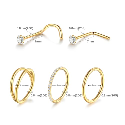 Xpircn 5pcs Hoop Nose Rings and L Shaped Nose Rings Stud Set 18G/20G Stainless Steel CZ Helix Conch Daith Tragus Cartilage Hoop Earrings for Women 6mm 7mm 8mm 10mm - color: Gold, size: 20G, 8mm hoop & 7mm studs