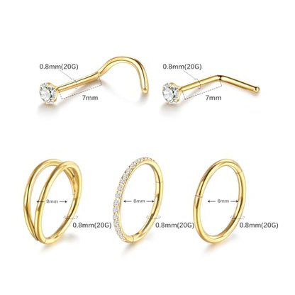 Xpircn 5pcs Hoop Nose Rings and L Shaped Nose Rings Stud Set 18G/20G Stainless Steel CZ Helix Conch Daith Tragus Cartilage Hoop Earrings for Women 6mm 7mm 8mm 10mm - color: Gold, size: 20G, 8mm hoop & 7mm studs