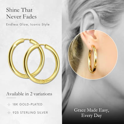 18K Gold Plated Sterling Silver Earrings for Women – Pure & Polished, Twist, Square, Hinged Tube, Abstract & Heart Shape Hoops – Lightweight, Hypoallergenic, Non-Tarnish Jewelry (Sizes: 3x35mm-46x30mm) - color: Gold, size: Hinged Tube (5x45mm)