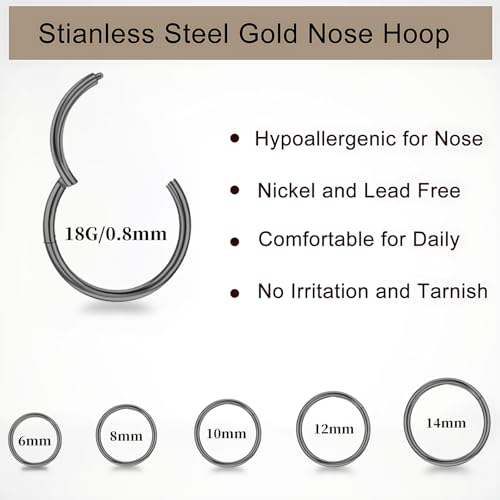 10Pcs Gold Nose Ring Hoop 18G/20G Clicker Nose Hoops Hypoallergenic Stainless Steel Nose Piercings Jewelry Gold Nose Jewelry Septum Helix Cartilage Lip Body Piercings for Women Men 7mm 8mm 9mm 10mm 12mm - color: Black and Silver-18G