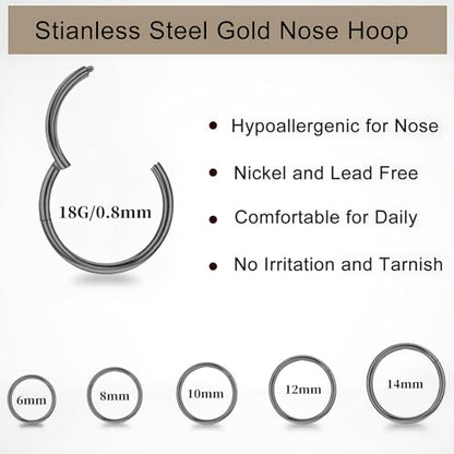 10Pcs Gold Nose Ring Hoop 18G/20G Clicker Nose Hoops Hypoallergenic Stainless Steel Nose Piercings Jewelry Gold Nose Jewelry Septum Helix Cartilage Lip Body Piercings for Women Men 7mm 8mm 9mm 10mm 12mm - color: Black and Silver-18G