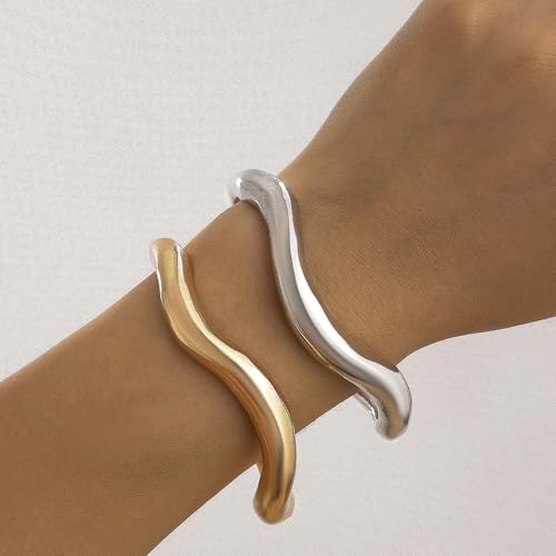 Frodete Chunky Gold Bangles for Women Non Tarnish Chunky Wide Cuff Bracelets Silver Cuff Bangle Bracelet Trendy Statement Minimalist Jewelry Gifts - color: A31:gold and silver bangles
