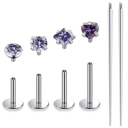Titanium Flat Back Lip Rings Internally Threaded Earrings Studs Nose Rings 20G 18G 16G Round Heart Square CZ Tragus Cartilage Lobe Rook Helix Conch Labret Medusa Piercing Jewelry for Women Men - color: Purple CZ, size: 16G-6/8/10mm