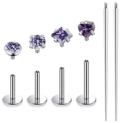 Titanium Flat Back Lip Rings Internally Threaded Earrings Studs Nose Rings 20G 18G 16G Round Heart Square CZ Tragus Cartilage Lobe Rook Helix Conch Labret Medusa Piercing Jewelry for Women Men - color: Purple CZ, size: 20G-6/8/10mm