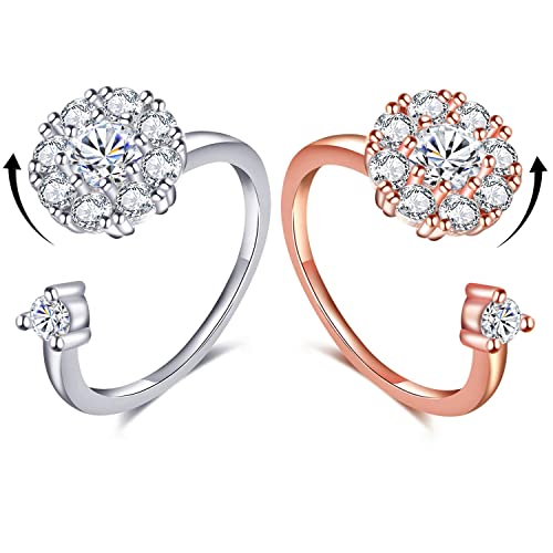 Fidget Rings for Anxiety, Womens Focus Spinner Ring, Discreet Boredom Relieving Ring Stacking Finger Promise Engagement Gift - color: Silver Band + Rose Band