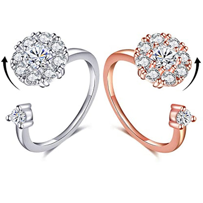 Fidget Rings for Anxiety, Womens Focus Spinner Ring, Discreet Boredom Relieving Ring Stacking Finger Promise Engagement Gift - color: Silver Band + Rose Band