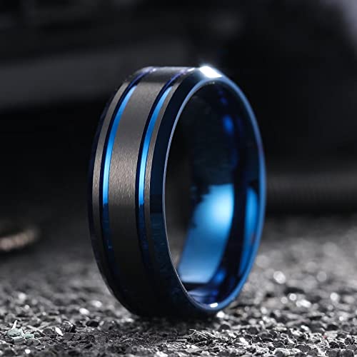 King Will Mens Tungsten Carbide Wedding Band with Groove Design | 6/7/8mm Width, Grooved, Comfort Fit, Everyday Wear - color: Black&Blue-8mm