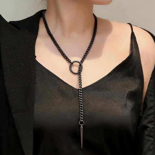 Slip Chain Choker for Women Handmade Black Stainless Steel Cuban Chain Chunky Moon Bat Raven Skull Pendant Gothic Punk Rock Collar Adjustable Lariat Y Necklace for Men - style: Black Spike