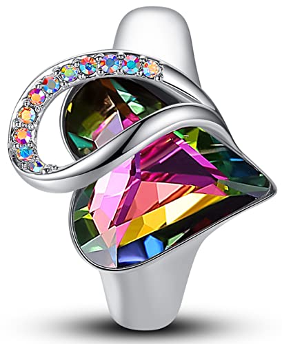 Leafael Infinity Love Women's Adjustable Crystal Heart Ring with Birthstone Crystals Healing Stones, Jewelry Gifts for Women, Birthdays Valentine's Day, Silver-Tone, Open End, Size 6.5-8 - color: 17c-Protection-Rainbow Black