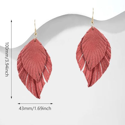 Handmade Bohemian Large Soft Genuine Leather Fringe Double Feather Dangle Drop Earrings Lightweight Simple Color PU Leaf Hook Earrings for Women - color: Meat Pink