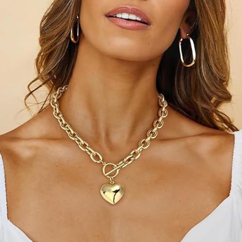 Chunky Gold Necklace for Women, 18K Waterproof Heart Necklace Statement Necklace Gold Charm Necklace Chunky Jewelry Paperclip Chain Choker Gift for Women - style: Bubble Heart