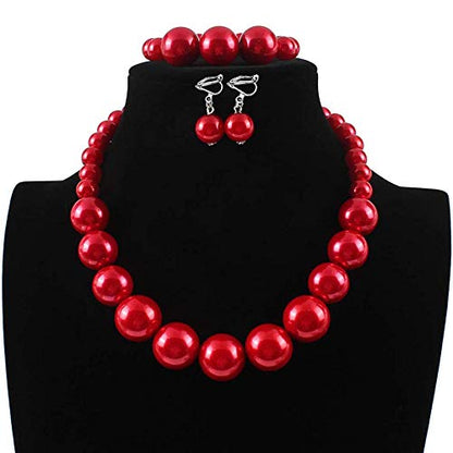 Bridal Wedding Faux Pearl Statement Necklace and Clip on Earrings Bracelet Jewelry Sets Women Bib Choker Necklace - color: Red-Necklace+Bracelet+Clip Earrings