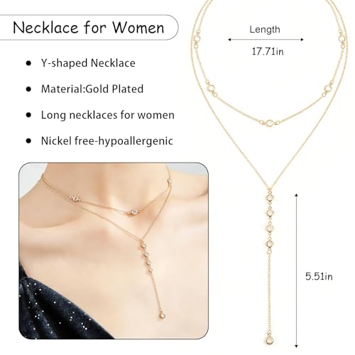 Necklace for Women, Dainty Long 14K Gold Y-Shaped Necklace Jewelry Trendy Beaded Layered Chain Drop Necklaces Jewelry Women Gifts - style: Double Layered-Necklace