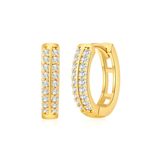 RANKEEF Small Rhinestone Hoop Earrings 925 Silver Everyday Cartilage Hoops Hypoallergenic Dainty 14K Gold Plated Huggie Sparkle Double Row Cubic Zirconia Hoop Earrings 10/15/20/25mm - color: Gold, size: 15mm