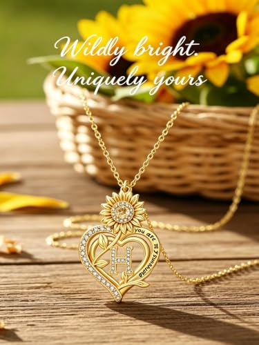 14K Gold Sunflower Initial Necklaces for Women | Heart Letter Pendant You Are My Sunshine Jewelry Gifts - style: H