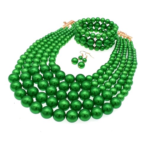 Faux Big Pearl Srand Necklaces for Women 5 Layers Pearls Choker Bib Collar Necklace Bracelet and Earrings set 1920s Costume Pearl Jewelry Bridal Wedding - color: green