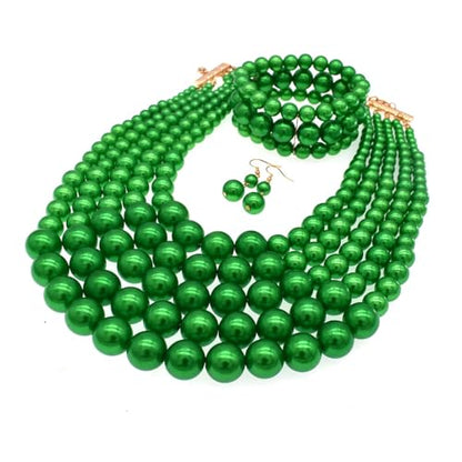 Faux Big Pearl Srand Necklaces for Women 5 Layers Pearls Choker Bib Collar Necklace Bracelet and Earrings set 1920s Costume Pearl Jewelry Bridal Wedding - color: green