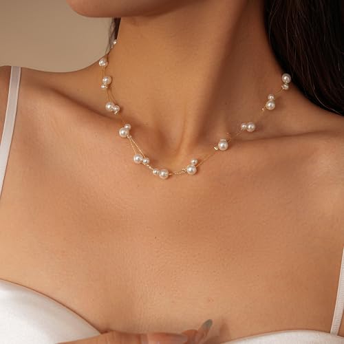 Pearls Necklaces for Women-18K Gold Plated Layered Gold Pearl Necklaces Dainty White Pearls Choker Necklace Chain Pearl Necklace for Women Elegant Valentines Gifts - color: Double Layer-2