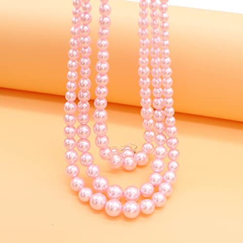 Chunky Layered Imitation Pearl Necklace for Women 3 strand Pearl Necklaces Faux Pearl Necklace Earrings Set 1920s Flapper Gatsby Costume Accessories - color: 3 strand pearl necklace Pink