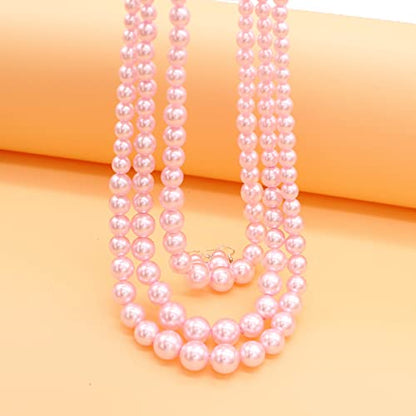 Chunky Layered Imitation Pearl Necklace for Women 3 strand Pearl Necklaces Faux Pearl Necklace Earrings Set 1920s Flapper Gatsby Costume Accessories - color: 3 strand pearl necklace Pink