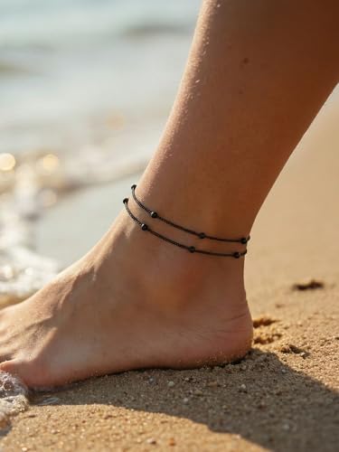FindChic Ankle Bracelets for Women, Silver/Black/Gold Plated Layered Stainless Steel Anklets, Non-Tarnish Adjustable Waterproof Trendy Foot Jewelry for Beach Summer - style: Layered Ball Chain-Black