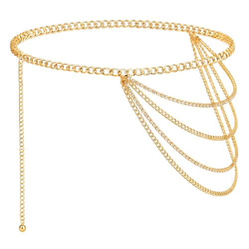 Molain Gold Waist Chain Belt for Women, Multilayer Sparkly Rhinestones Body Belly Waist Chain Belts Elegant Jewelry Accessories Body Decorate for Dresses Jeans Skirts Trouser