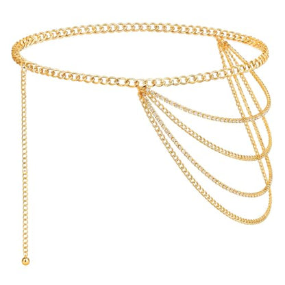 Molain Gold Waist Chain Belt for Women, Multilayer Sparkly Rhinestones Body Belly Waist Chain Belts Elegant Jewelry Accessories Body Decorate for Dresses Jeans Skirts Trouser