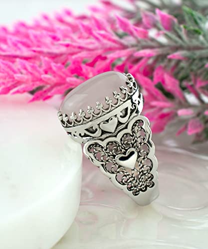 Filigranist 925 Sterling Silver Handcrafted Filigre Art Double Heart Detailed Women Cocktail Ring with Gemstones - color: Rose Quartz