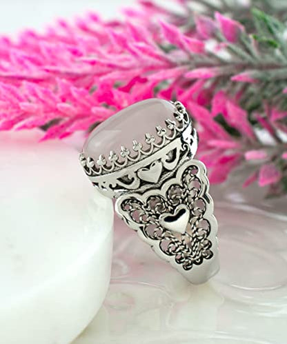 Filigranist 925 Sterling Silver Handcrafted Filigre Art Double Heart Detailed Women Cocktail Ring with Gemstones - color: Rose Quartz
