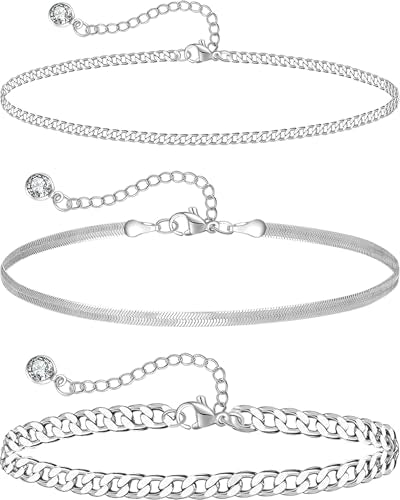 Sterling Silver Ankle Bracelets for Women Strong Lobster Clasp - Cuban Link, Figaro, Rope, Flat Mariner, Snake Herringbone, Satellite, Paperclip - Summer Beach Waterproof Silver Anklet - color: Curb, Chunky Curb,Snake