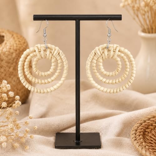 Handmade Rattan Teardrop Dangle Earrings for Women, Lightweight Boho Woven Statement Earrings with Gold Fish Hook, Natural Straw Weave Vacation Jewelry for Summer Beach - style: Round