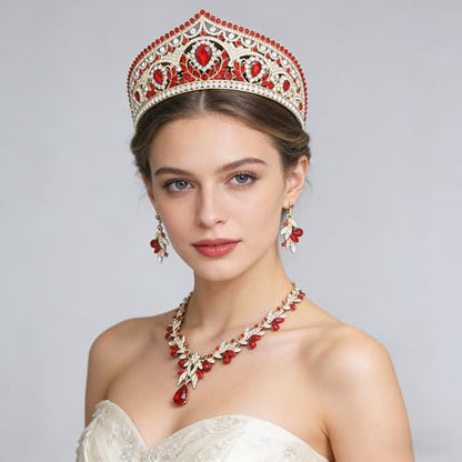 Princess Tiara Crown and Jewelry Sets for Women Wedding Rhinestone Crystal Tiaras and Crowns with Necklace Earrings Party Birthday Accessories - color: Gold Red