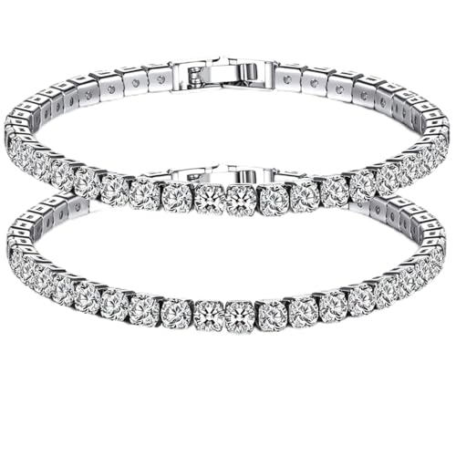 2PCS Silver Tennis Bracelets Set for Women, Sparkling Cubic Zirconia Bracelet with Secure Box Clasp, Elegant Stackable Silver Bracelet for Wedding, Party & Daily Wear