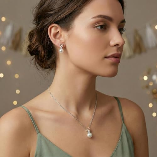 Mariell Pearl Wedding Necklace Earrings Set with CZ Crystal, Jewelry for Brides, Bridesmaid, Mother's Day - color: Silver-Champagne Cubic Zirconia